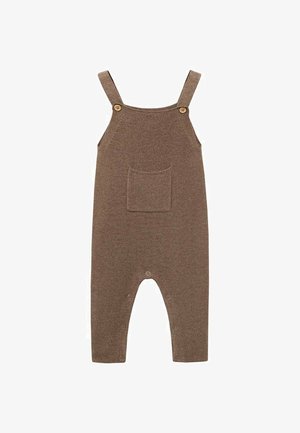 Salopetă tricotată maro cu bretele ajustabile, buzunar frontal și închidere prin capse la baza. Material texturat, design lejer.