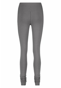 Graue Leggings mit hohem Bund, schmaler Passform und gerafften Details am Knöchel. Aus einem glatten, dehnbaren Stoff hergestellt.