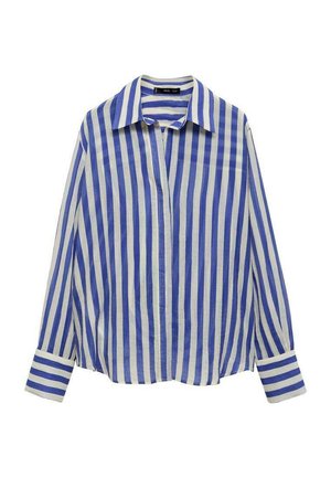 Blue and white striped button-up shirt, featuring a collar, long sleeves, and a relaxed fit with contrasting stripe patterns on cuffs.