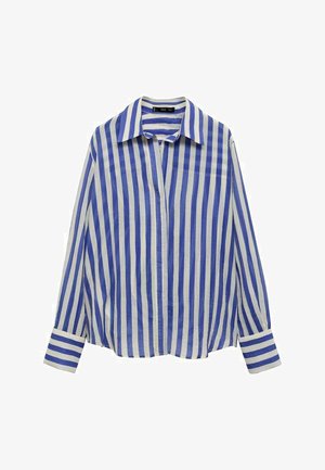 Blue and white striped button-up shirt, featuring a collar, long sleeves, and a relaxed fit with contrasting stripe patterns on cuffs.