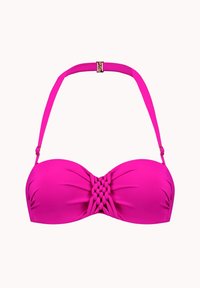 Top bikini rosa con un bordo imbottito, caratterizzato da un dettaglio intrecciato al centro e spalline regolabili, realizzato in materiale morbido e elastico.
