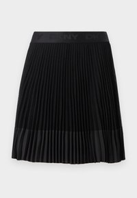 Black pleated skirt featuring a mesh texture on the upper half and a smooth fabric at the hem, finished with a black DKNY logo waistband.