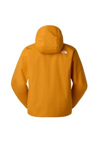 Veste imperméable jaune avec capuche, comportant un logo sur l'épaule gauche. Texture lisse et design simple et fonctionnel.