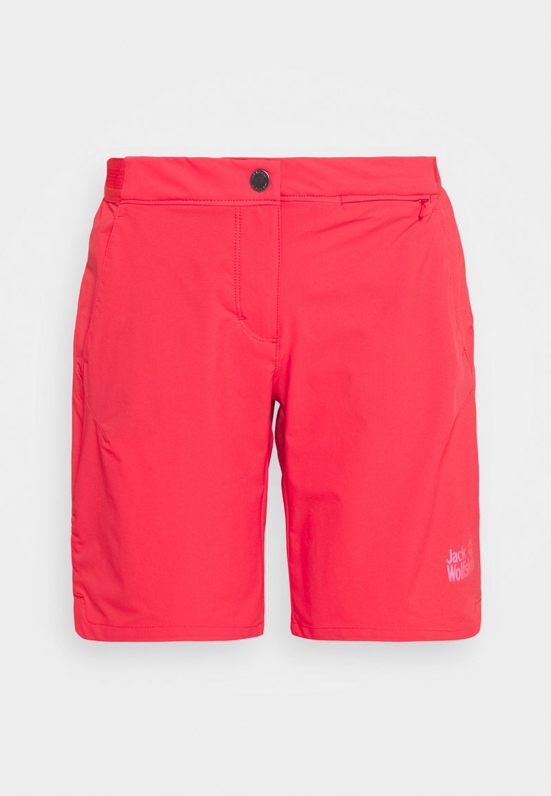 Pantalones cortos rojos de tejido ligero, con botón frontal, cremallera y un bolsillo lateral. Incluye un pequeño logotipo en la parte inferior derecha.