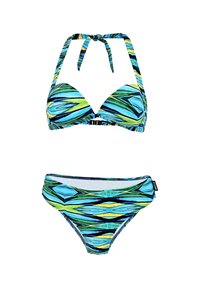 Ensemble de bikini avec un motif abstrait vibrant bleu, vert et jaune. Haut triangle avec liens autour du cou et bas taille basse assorti.