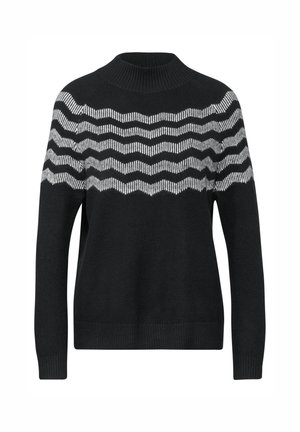Zwarte trui met een geribbelde opstaande kraag en een golvend witgestreept patroon over de bovenste borst. Zacht materiaal met een losse pasvorm.