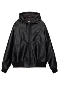 Giubbotto in pelle artificiale nera con zip, cappuccio, tasche frontali e polsini e orlo a coste.