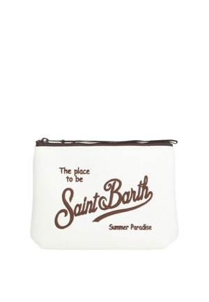 Bustina in tessuto bianco con cerniera marrone e testo marrone con la scritta "The place to be Saint Barth Summer Paradise" sul davanti.