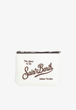 Bustina in tessuto bianco con cerniera marrone e testo marrone con la scritta "The place to be Saint Barth Summer Paradise" sul davanti.