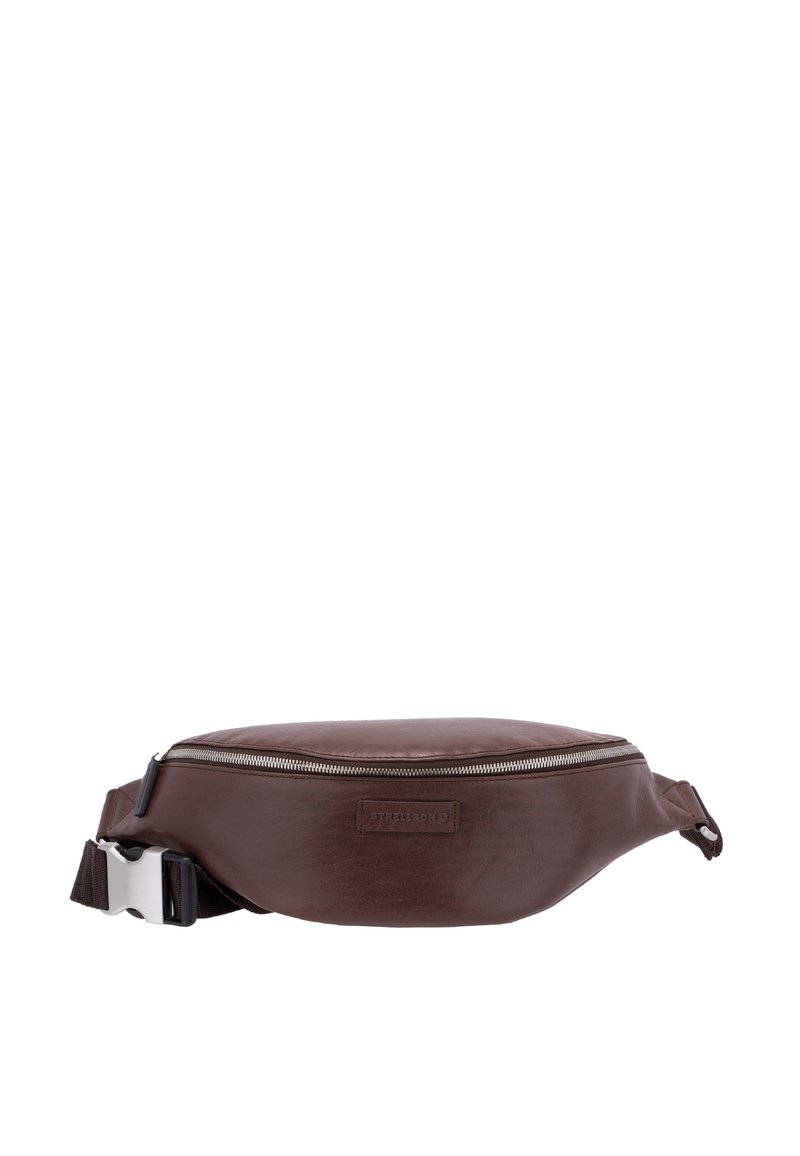 Rjava usnjena torbica za pas s sodobnim dizajnom, z zadrgo, nastavljivim trakom in majhnim vtisnjenim logotipom na sprednji strani. Gladek tekstura.