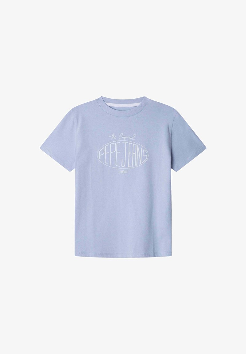 Šviesiai mėlynas medvilninis marškinėliai su trumpomis rankovėmis, apvaliu iškirpimu, priekyje su balta „Pepe Jeans London“ tekstine logotipu.