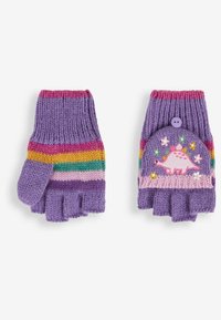 Gants sans doigts en tricot violet avec des rayures multicolores et un motif de dinosaure agrémenté d'accents floraux et d'un bouton sur un gant.
