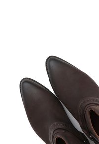 Botas de tobillo de cuero marrón oscuro con punta afilada, detalles de costura y una textura suave. Sin herrajes ni adornos visibles.