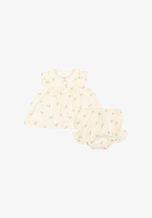 Crèmekleurig babyjurkje en bijpassende broekjes met kleine roze bloemenprints en gerimpelde details op de mouwen en pijpopeningen.