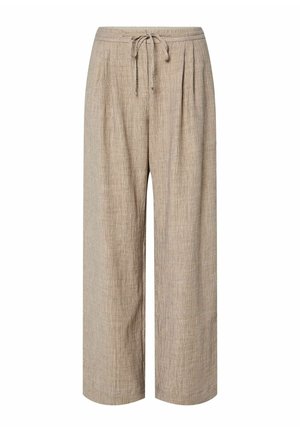 Beige linbukser med vide ben, høyt elastisk liv og justerbar snøring foran.