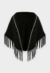 Schwarzer Poncho mit Fransen aus einem weichen, strukturierten Stoff. Verziert mit kontrastierendem weißen Stich entlang der Kanten. Offenes Vorderdesign.