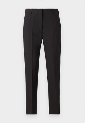 Black tailored trousers with a straight-leg design, featuring a flat front, belt loops, and no visible patterns or embellishments.