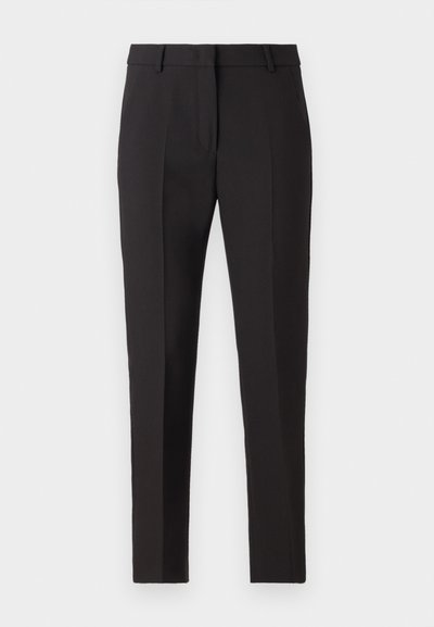 Black tailored trousers with a straight-leg design, featuring a flat front, belt loops, and no visible patterns or embellishments.