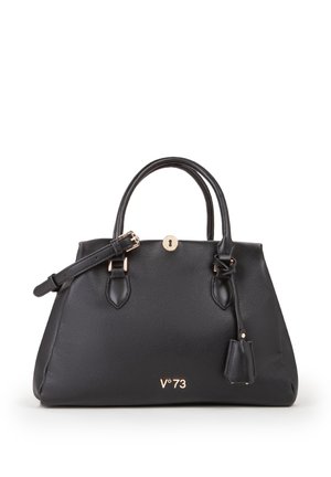 Borsa a mano in pelle nera con doppi manici, tracolla regolabile, dettaglio lucchetto dorato e logo V°73 sul davanti.