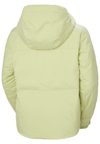 Helle gelbe gepolsterte Jacke mit Kapuze, die eine glatte Textur und geschwungene Nähte auf der Rückseite aufweist, entworfen für Komfort und Wärme.