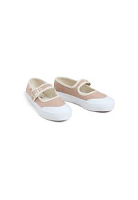 Helle rosa Canvas Schuhe im Mary Jane-Stil mit weißen Gummisohlen, ausgestattet mit einem seitlichen Schnallenriemen und einem runden Zehendesign.