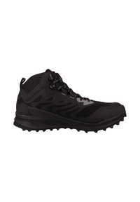 Czarne wysokie buty trekkingowe na podeszwie o teksturze, z siateczkową i syntetyczną cholewką oraz wzorzystymi sznurówkami, pokazane w profilu bocznym na białym tle.