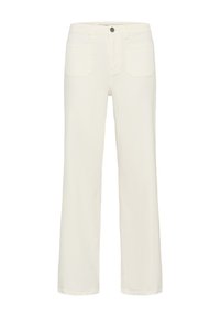 Pantaloni bianchi a gamba dritta con tasche frontali, passanti per cintura e chiusura con bottone in vita.