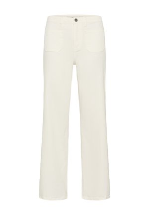 Pantalon blanc à jambes droites avec poches avant, passants pour ceinture et fermeture par bouton à la taille.