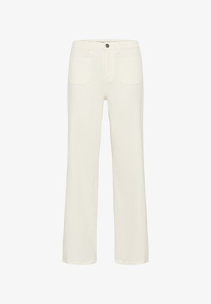 Witte broek met rechte pijpen, voorzakken, lussen voor een riem en een knoopsluiting in de taille.