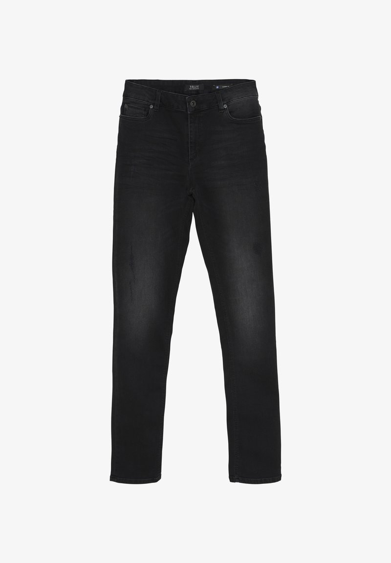 Zwarte denim jeans met een slim fit, met een vijf-pocket ontwerp, knoopsluiting en subtiele vervagingdetails op de stof.