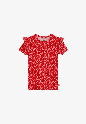 Piros rövid ujjú póló sötétebb piros árnyalatú virágos mintával. Redőzött ujjakkal és kerek nyakkivágással rendelkezik. Rugalmas, bordázott anyagból készült.