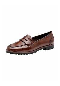 Mocassins en cuir marron avec une finition légèrement texturée, dotés d'une sangle décorative, d'un petit talon et d'une semelle en caoutchouc robuste.