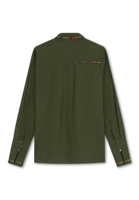 Olijfgroen lange mouwen shirt met een gladde textuur, met een kleurrijke geborduurde accent op de kraag en schouderpas.