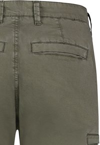Olive green pants with a smooth texture, featuring two back pockets and stitching along the waistband and seams.