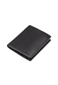 Black leather wallet with a smooth texture, bi-fold design, and a visible brand logo on the side. Compact shape with clean lines.