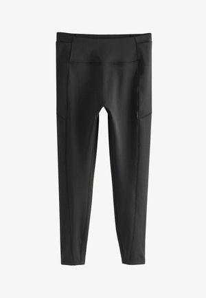 Schwarze hoch taillierte Sportleggings mit flachen Nähten und Seitentaschen, entworfen für eine enge, flexible Passform.