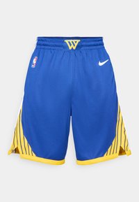 Blå basketballshorts laget av lett Stoff. Har gule detaljer, sidestriper og en linning med logo. Nike-merkevare til stede.