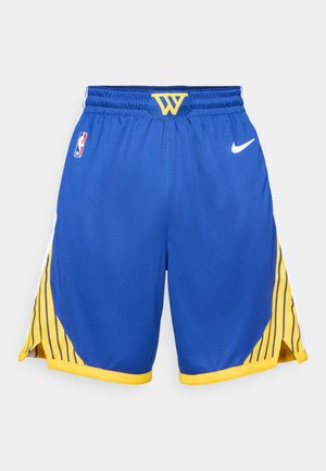 Blå basketballshorts lavet af letvægtsstof. Har gule detaljer, sidestriber og en elastisk talje med et logo. Nike brand er til stede.