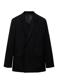 Black double-breasted blazer made from smooth fabric. Features notched lapels, two front pockets, and button closure. Tailored fit.