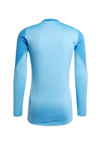 Maglietta atletica a maniche lunghe di colore azzurro chiaro con una texture liscia, caratterizzata da un collo a giro e pannelli a contrasto sulle spalle. Logo "AEROREADY" nell'orlo.