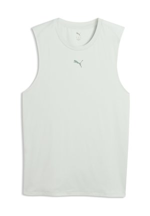Débardeur de sport gris clair sans manches avec un col rond et un petit logo Puma centré sous le col.