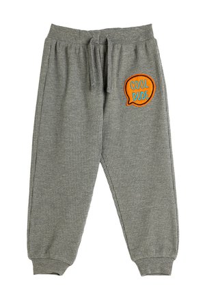 Graue Jogginghosen mit Waffelstruktur, elastischem Bund, Kordelzug und orangefarbener gestickter "COOL DUDE" Grafik an der Seite.
