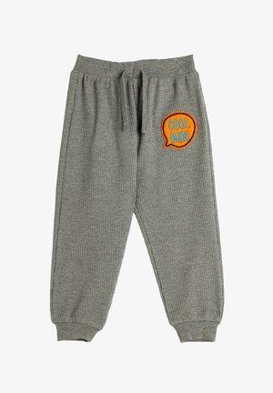 Graue Jogginghosen mit Waffelstruktur, elastischem Bund, Kordelzug und orangefarbener gestickter "COOL DUDE" Grafik an der Seite.