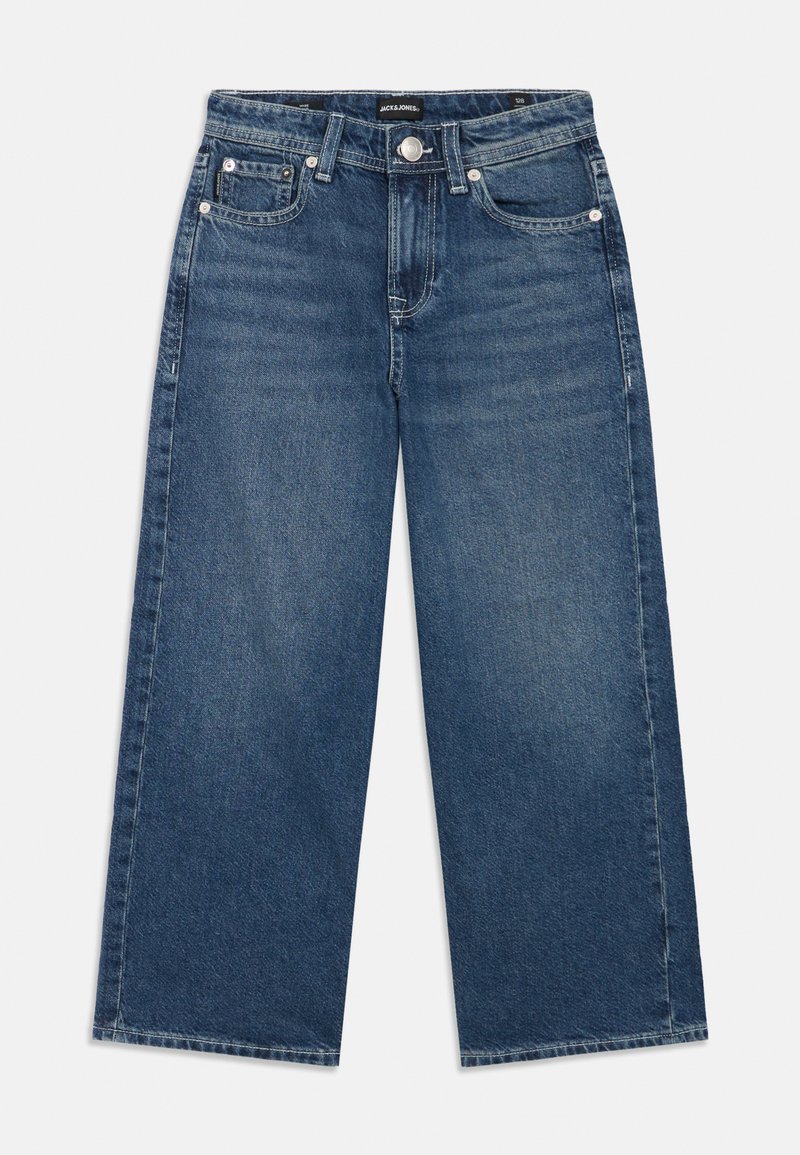 Τζιν παντελόνι με φαρδιά μπατζάκια σε μπλε χρώμα με ξεθωριασμένο πλύσιμο, πέντε τσέπες, ασημένιο κουμπί και πολύγωνες τανάκια, και ίσια κοπή μέχρι τον αστράγαλο.