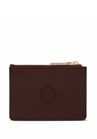 Portafoglio in pelle marrone con finitura texture, dettaglio con logo arrotondato e chiusura con zip superiore. Forma compatta per un facile trasporto.