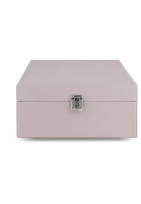 Pink leather storage box with a smooth surface, rectangular shape, and a metal clasp closure at the front. Simple design, no visible patterns.