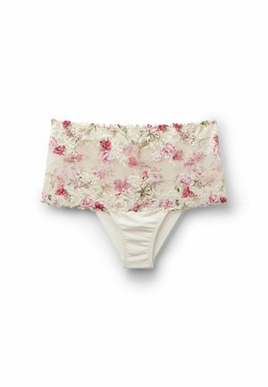 Krajkový bandeau s květinovým vzorem v růžové a krémové barvě, připevněný k jednobarevným krémovým kalhotkám ve stylu bikin.