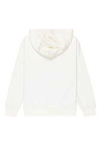 Sudadera blanca con capucha y textura suave. Presenta puños y dobladillo acanalados, costuras planas y una capucha con ventilación centrada en la parte posterior.