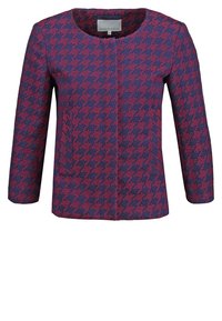 Red and navy patterned jacket featuring a houndstooth design, round neckline, and long sleeves with side pockets. Made of textured fabric.