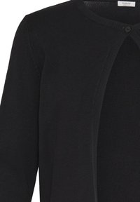 Schwarze Strickjacke aus weichem Strickmaterial. Verfügt über einen runden Halsausschnitt und eine einzelne Knopfverschluss. Die Ärmel sind lang und mit strukturierter Rippung.